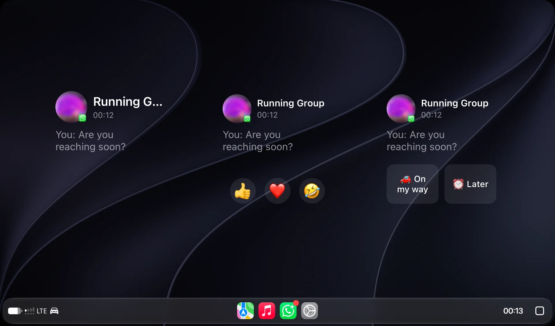 Three AI Reply Assistant widgets on a CarPlay screen: a WhatsApp conversation, a row of emoji reactions, and two saved replies reading On my way and Later